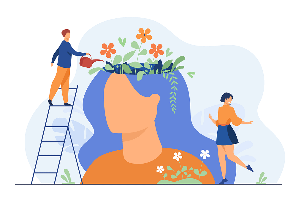 A cartoon showing the bust of a woman - the top of her head is missing, with flowers growing from inside. On the left, a man is stood on the top of a ladder watering the flowers. On the right, a woman is stood happily with her left leg slightly raised. 

It represents the mind and mental health.